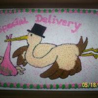 Babyshowercake.jpg Buttercream Icing and freehand drawing of the stork and baby in blanket.