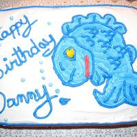 Fish Birthday Cake chocolate cake, wiltons buttercream. Freehand for a friend..writing is still a chore for me...but it gets better slowly, and I mean slowly...