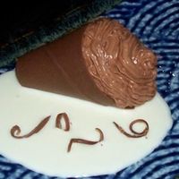 Not A Cake.. My Chocolate Moose Cone Chocolate cone filled with a smooth chocolate moose sitting in a white chocolate sauce