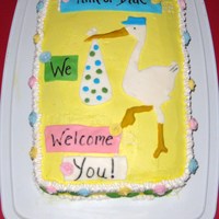 Stork Cake For a friend of a friends shower. Cake design is buttercream with accents in fondant. Roses are Royal icing. Lemon two layer 9 inch cake.
