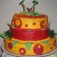 Curious George first tiered cake. I tried a new b/c recepie and it was a really bad one. the b/c started to melt and drip the mmf decorations started to...