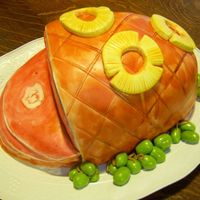 Ham Dinner Yellow Cake covered in MMF painted with food gel. Grapes (they look a little olivey..) and pineapple are painted MMF.