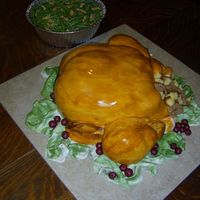 Thanksgiving Dinner Turkey Yellow cake with MMF painted with Food Gel. Legs Carrot Cake with MMF painted with Food Gel. Wings MMF. Green Bean Caserole Yellow...