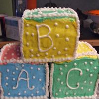 Baby Blocks 12 x 12 cake cut to make the blocks. BC icing. This was my first baby block cake and it was hard but I think that the customer liked it.