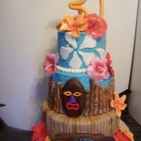 Angelica's Luau Cake I made this for a friend's sister's 30th birthday. It's a 5-7-9. Bottom tier is fondant strips to look like a grass skirt....
