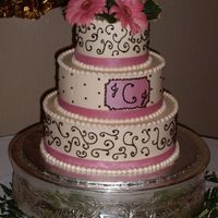 Ivory And Chocolate Scrolls Three tier stacked 12-9-6 inch round weddng cake. All iced in ivory tinted buttercream. Rose tinted fondant ribbon strips at base of each...