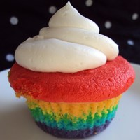 Rainbow Cupcake! Saw the idea in a magazine. TOTALLY cute and relatively easy. I found it much easier to divide up the batter, color it, then put each color...