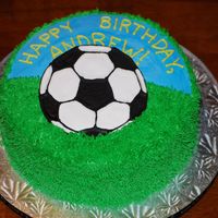 Soccer Ball Cake Vanilla cake, vanilla buttercream and royal icing ball (ball is actually sitting up and out of the cake)