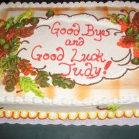 Good Bye Cake With Autum/fall Theme Half chocolat fudge/french vanilla cake with buttercream icing and all buttercream fall motif. Fall leaves, acorns, with background air...