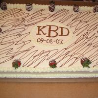 Couples Cake For Cocktail Party Full sheet 1/2 chocolate and 1/2 yellow with BC icing and chocolate covered strawberries. Wanted something a little more formal for a...