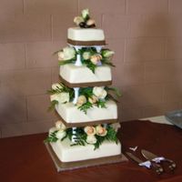 My First Wedding Cake This is my very first wedding cake. Carrot cake and covered in fondant with chocolate fondant ribboning. The flowers were fresh. I awed...
