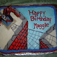 Spiderman 1/2 sheet cake, buttercream icing... toy spiderman and pole. This was my first cake for someone other than family.
