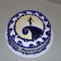 Nightmare Before Christmas Anniversary Cake handpainted on MMF design, BC frosting and purple and black striped accents. Made for a friend, hope they like it!