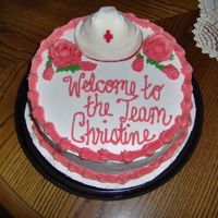 Welcome To The Nursing Team Cake a french vanilla 8" round with BC and MMF nurse's cap