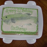 Big Bass Fish Cake 9x13" white cake with MMF Bass fish on the top, iced in BC. Made for my wonderful boyfriend's 21st birthday :o)