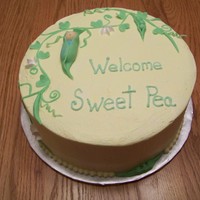 Sweet Pea Shower Cake chocolate cake with whipped ganache and raspberry filling, BC icing, and fondant accents