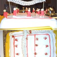 End Of The Season Volleyball Cake Yellow cake with white icing and almond paste people and ball made of sugar. Side view and Top View.