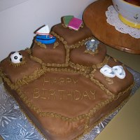 Cake For 5 This was for four of my sisters and my brothers' birthday. It was a chocolate cake fures in fondant, as well as covered in fondant....