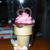 Valentines Cone Cupcakes choc cake baked in ice cream cones. White choc. raspberry cream cheese frosting and choc. hears for decorations. Placed in clear cups with...