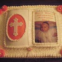 Christening Cake Hi! This is a half sheet cake with the small bible on top. Both are white cake. The sheet cake is half twinkie and half nutella buttercream...
