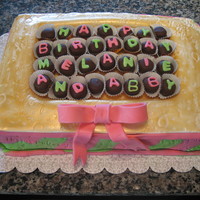 Box Of Candy Birthday Cake Four layers of sheet cake were used with the top middle cut out to create a "box" of mimi chocolate covered oreos. Marbled pink...