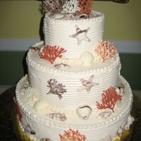 Sea Shell And Coral Wedding Cake This is my first wedding cake! Sea shells and coral are made from white chocolate marbled with other colors. Buttercream frosting. 14/10/6...