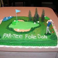 Golf Cake Birthday cake for my boss. Carrot cake with cream cheese II filling and BC icing. Fondant putting green and balls. Plastic man and trees....