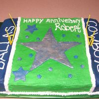 Dallas Cowboy Cake For a coworkers anniversary with the company. WASC chocolate cake with raspberry mousse filling. BC icing and fondant stars.
