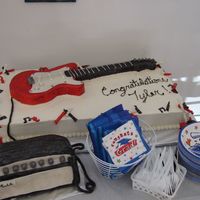Electric Guitar Cake With Amp First attempt at a 3D guitar. The guitar was rice crispy treats covered in fondant. The amp is marble cake covered in fondant. The base...