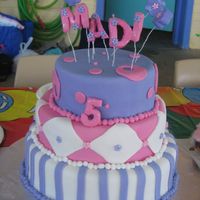 Whimsical Birthday Cake Fondant covered with fondant accents. 3 tier top and bottom was rainbow butter and middle tier was tia maria chocolate mud cake. Kids love...