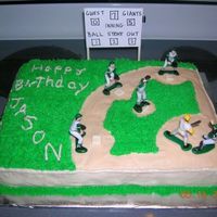 Baseball Field Cake White sheet cake with BC icing for grass and sand, fondant bases and Wilton Baseball set. I integrated child's team name and jersey...