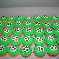 Soccer Cupcakes Cupcakes with BC grass using grass tip. Soccer balls are fondant decorated with edible food writers. Got idea from several others here on...