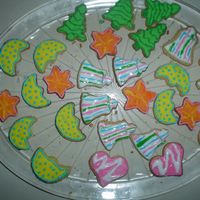 Colorful Cookies these was my 2nd attempt at decorated cookies, just for fun ! pine trees, moons, hearts, stars and bells ...
