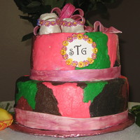 Camofalge Baby Shower Cake 3rd Cake I have ever made and 2nd attempt with fondant. Camoflage is Buttercream Frosting. Ribbon accents are fondant (as you can see I...