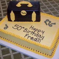 Tool Box Cake Red velvet with cream cheese icing filling and fondant covered tool box.