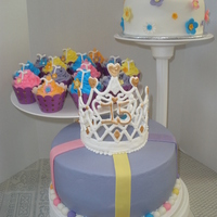 Tracy's 15 Wanted someting different for small home 15. top is all fondant, cupcakes are regular with RI letters, Crown is of Royal Icing on...