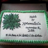 Sheet Cake 'Ulu pattern on top left. Sentence at bottom of cake translates to "everlasting love" in Hawaiian.