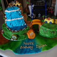 Diego Cake Diego Birthday Cake with buttercream icing, jolly rancher pond with edible fish, fondant accents.