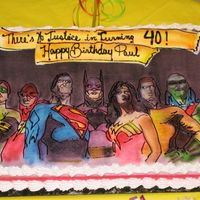Super Heroes Justice League 1/2 sheet cake iced in Buttercream, airbrushed figure outlines using KopyKake projector then finishing images freehand