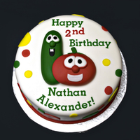 Veggie Tales Birthday Veggie Tales birthday cake for a 2yo. 8" cake, all fondant. Topper is fondant as well.