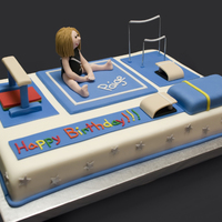 Gymnastics Birthday 12x18 sheet cake for a 7yo gymnast. Covered in Fondarific, everything made from fondant except the uneven bars. Vault landing pad is a rice...