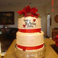Poinsettia Birthday Cake This is a 8-10 stacked fondant cake, brushed with pearl luster dust and swiss dots. I also used silk flowers and matching red ribbon at the...