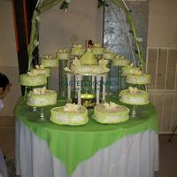 Lime Green Sweet 15Th 3 flavors cakes mocha w/mocha filling 3 milks,vanilla w/peaches filling 3 milks, and orenge cake w/coconut & pineapple filling and...