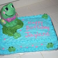 Jay's Frog Cake Made this cake for my daughter's 6th birthday. All buttercream, except Frogs they are all made out of mint chocolate candy.