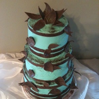 First Wedding Cake Chocolate cake with raspberry chocolate butter cream, chocolate fondant leaves. Baked 9 cakes in all for three tiers. They wanted Tiffany...