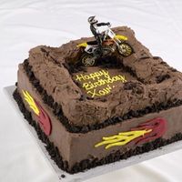 Dirt Bike Cake frosted in chocolate buttercream. Track is made out of rice krispies. With oreo cookie crumbles. the flames are colorflow.