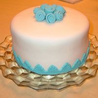 Fondant Cake Chocolate cake covered with vanilla fondant. Blue rolled roses, and matching lace at bottom. Made just for fun.