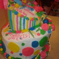 Topsy Turvy For A Funky Gal Peanut butter cake with buttercream frosting. Chocolate clay cake ballsand circles. Fondant bow and streamers. Cake matched her style to a...