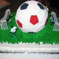 Soccer Time Double layer, half white, half choc. Soccer ball is Duncan Hines yellow cake mix with reduced oil for a firmer texture. (Everyone said this...