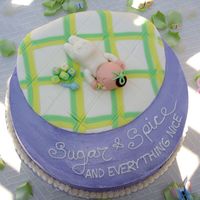 Sugar And Spice... 14" chocolate & white marble cake with Bavarian cream filling and white chocolate buttercream frosting. Fondant blanket and baby....